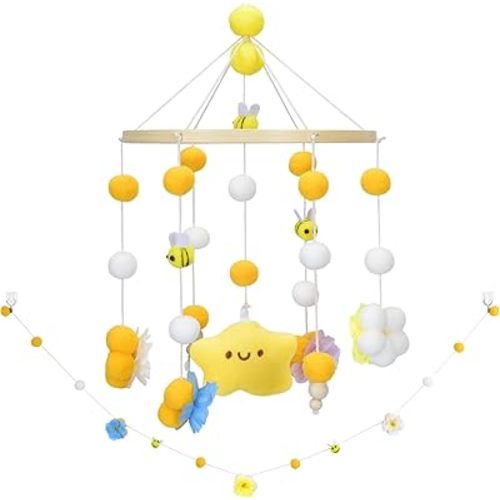 Baby Crib Mobile with Bees, Flowers, and Leaves, Crib Nursery Mobile for Baby Nursery Decor Soothe BabyShower Set for Infant Bedroom Hanging Decoration (Yellow bee)
