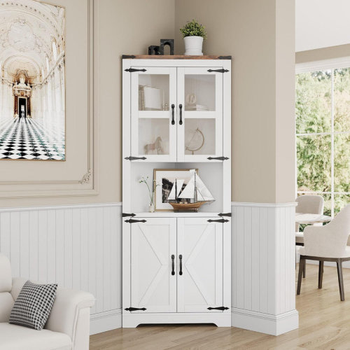 Winston Porter 69" Tall Triangle Corner Cabinet with Glass Doors & Open Shelf, 6-Tier Space Saver Storage for Bathroom, Living Room, Kitchen, Hallway | Wayfair