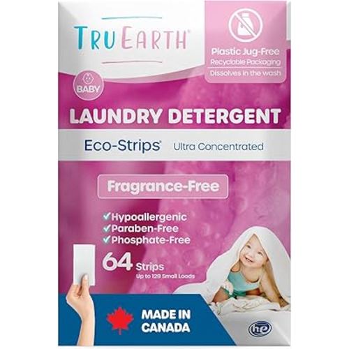 Tru Earth Hypoallergenic Baby Laundry Detergent Sheets/Strips for Sensitive Skin, 64 Count, Up to 128 Loads: Fragrance Free Baby Detergent Laundry Newborn, Children