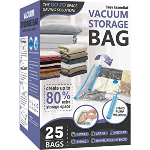25 Pack Space Saver Bags (5 Jumbo/5 Large/5 Medium/5 Small/5 Roll) Compression Storage Bags for Comforters and Blankets, Vacuum Sealer Bags for Clothes Storage, Hand Pump Included