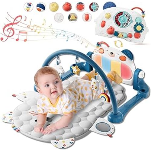 Baby Play Gym Mat, Bear Shaped 500,000 Tolerance Kick and Double Side Piano Thicken Activity Mat w 5 Detachable Toys, Tummy Time Mat Promote Motor Skills & Sensory Development Mat for Newborn