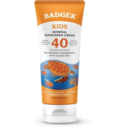 Badger Kids Mineral Sunscreen Cream SPF 40, 98% Organic Ingredients, Zinc Oxide Sunscreen for Kids Face & Body, Water Resistant, Reef Friendly, Hawaii Approved Broad Spectrum Sunblock, 2.9 fl oz