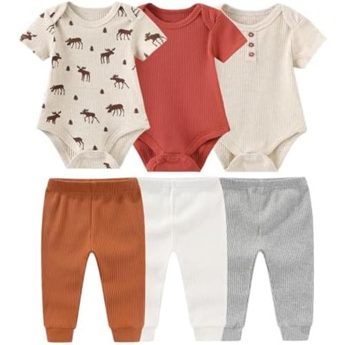 0-3 mos Baby Bodysuit and Pant Set 6-pcs Ribbed Soft Infant Boy Girl Clothes Outfits