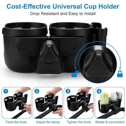 Accmor Stroller Cup Holder with Phone Holder, Bike Cup Holder, Universal Cup Holder for Uppababy Nuna Doona Strollers, 2-in-1 Cup Phone Holder for Stroller, Bike, Wheelchair, Walker, Scooter - Black