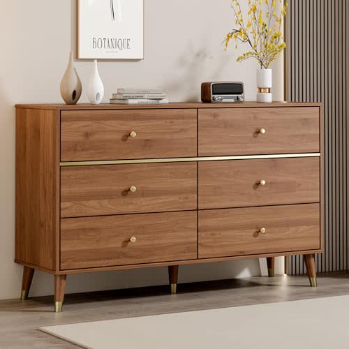 Chrangmay 6 Drawer Dresser,47" Wide Mid Century Chest of Drawers,Wooden Bedroom Drawer Dresser with 6 Storage Drawers for Bedroom,Living Room,with Anti-Tipping Device,Walnut.HT16