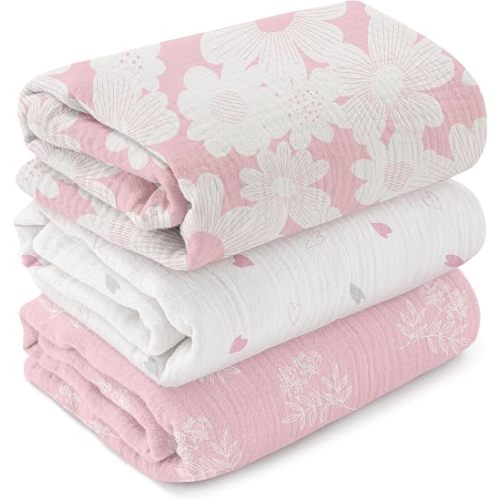 GLLQUEN BABY Muslin Swaddle Blankets for Newborn Girls, Large 40''x38'' | 3Pk, 100% cotton, ultra soft and breathable, gentle on sensitive newborn skin, Multi-use as swaddle wrap, receiving blankets