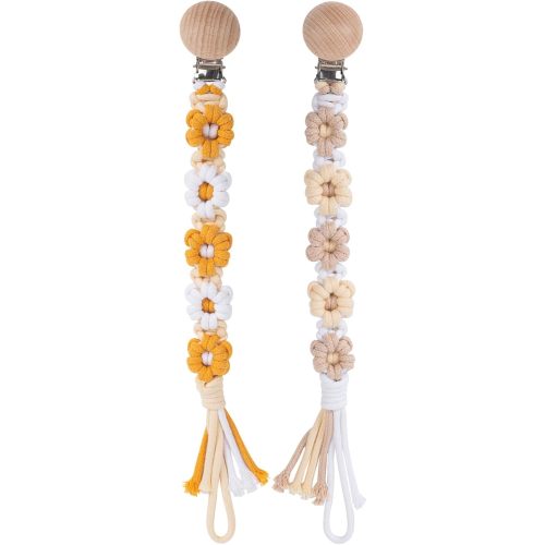 Pacifier Clip for Boys Girls Floral Daisy Macrame Baby Paci Clip Pacifier Holder Leash Boho Wooden Clips Handmade Braided Cotton Binky Clips (2pack:Yellow Daisy × 2)