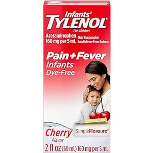 Tylenol Infants Oral Suspension with 160 mg Acetaminophen, Pain and Fever Relief for Sore Throat, Headache, and Toothache Liquid Medicine for Kids, Dye-Free, Cherry Flavor, 2 FL OZ - Cherry (Dye-Free) - 2 fl. oz