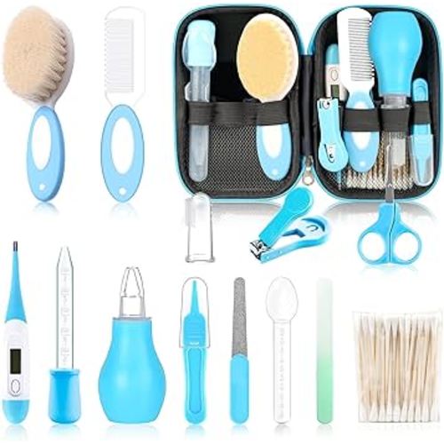 Baby Grooming Kit,Infant Safety Care Setwith Hair Brush Comb Nail Clipper Nasal Aspirator, Baby Essentials Kit for Newborn Girls Boys (14 PC-Blue Kit)