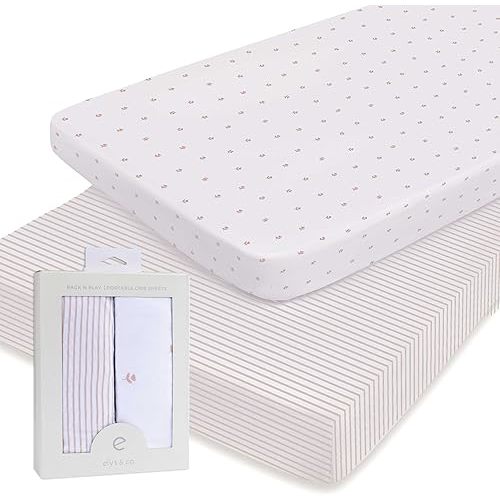 Ely’s & Co. Pack and Play Sheets, for Mini/Portable Crib, 2 Pack Fitted Playpen Play Yard Sheet Set Compatible with Graco Pack n Play, for Baby Girls, 100% Cotton, Pink Tulips and Stripes, 38”x24”x5”