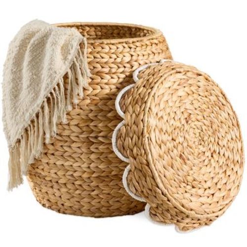 Best Choice Products Scalloped Water Hyacinth Storage Tote Basketwith Lid - Natural with White Trim