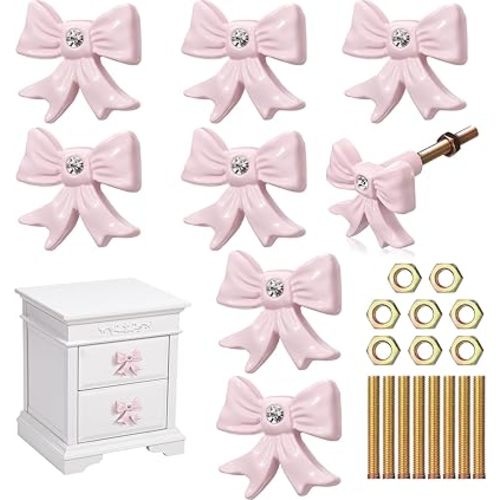8 Pcs Pink Bow Dresser Knobs Coquette Bow Drawer Knobs Cabinets Hardware Pulls Decorative Vintage Handles for Kitchen Bedroom Home Desk Wardrobe, 1.4 x 1.5 Inches
