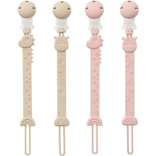 Pacifier Holder Clips for Baby - Silicone Paci Binky Clips 4Pcs - Animal Design Rainbow-Ivory+Blush