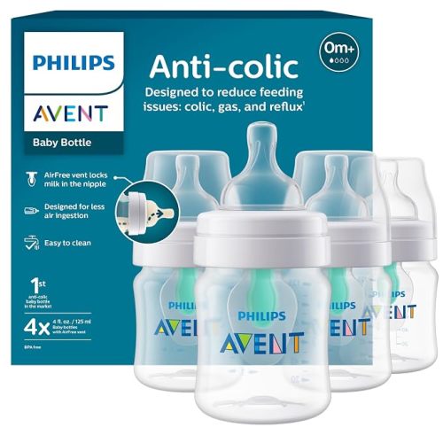 Philips Avent Anti-Colic Baby Bottle with AirFree Vent, Slow Flow 1 Nipple, 0m+, 4oz, 4 Pack, Clear, SCY701/04