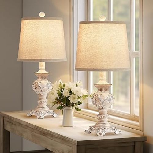 21'' Small Table Lamps for Bedroom Bedside Lamps Set of 2 Farmhouse Nightstand Lamps with Carved Floral Vintage Side Table Lamps for Living Room Kids Office, White, Bulb Not Include