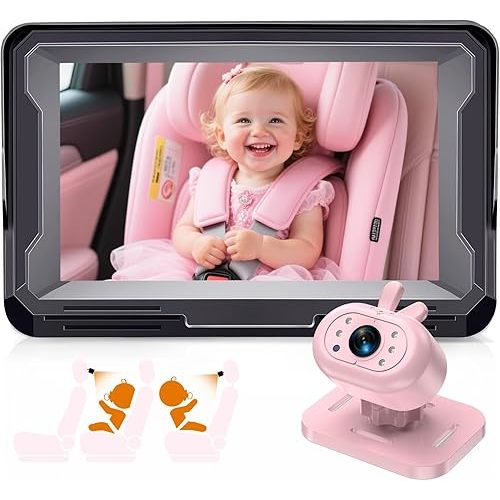 AMTIFO Baby Car Camera for Girls: 1080P HD Rear-Facing Backseat Camera with IR Night Vision - Plug & Play Installation 4.3" Monitor for Infant/Toddler Safety (Pastel Pink)
