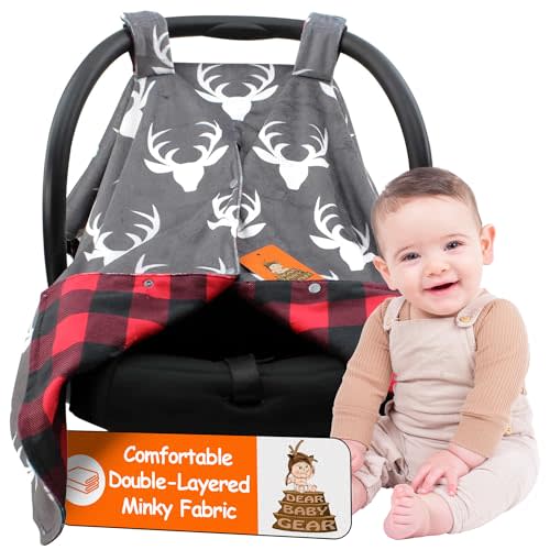 Dear Baby Gear - 40x30 Car Seat Canopy, Infant Carrier Cover for Boys & Girls, Cozy Fall, Nursing & Stroller Use, Newborn Travel Sunshade, White Antlers, Plaid Red & Black Buffalo