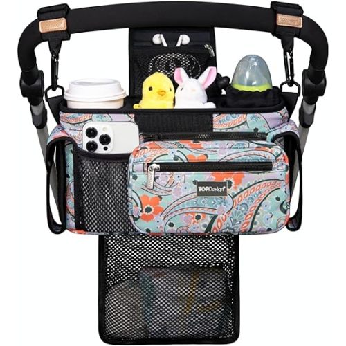 TOPDesign Universal Baby Stroller Organizer, Stroller Caddy with Detachable Mesh Bag & Heightened Insulated Cup Holders & Non-Slip Secure Hooks Accessories, Fits Most Strollers (Green Bandanna)