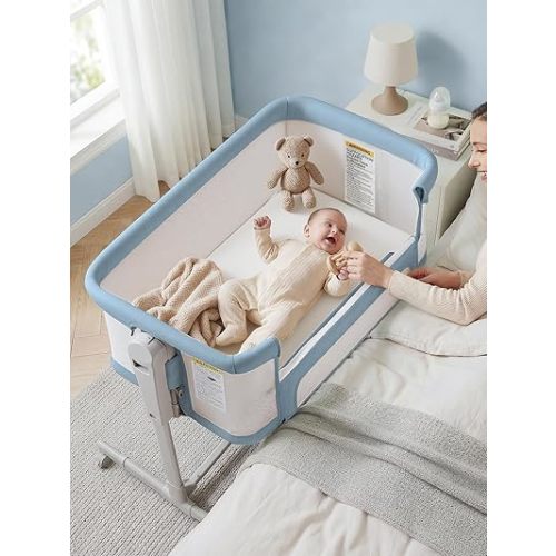 ONTHEWEI Baby Bassinet Bedside Sleeper 3-in-1, Easy Night Feeding with One-Side Fold & Rolling Wheels, Breathable Mesh, 6-Height Adjustable, Soft Mattress for Newborns