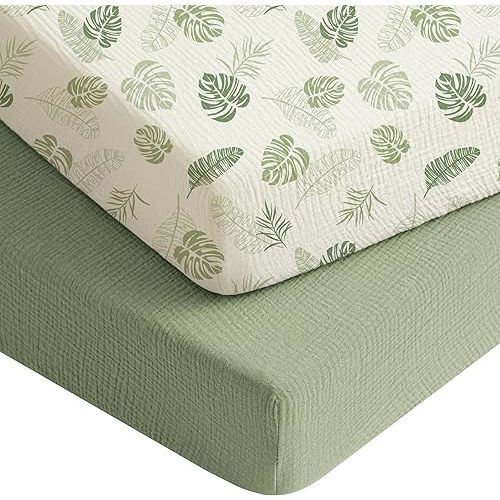 Konssy Muslin Crib Sheets for Boys, Soft Cotton Neutral Baby Sheets for Standard Crib Mattress 2 Pack, 52"x28" (Palm Paradise,Sage)
