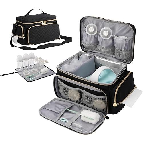 Breast Pump Bag Compatible with Spectra S1 and S2, Large Insulated Storage with Waterproof Mat, Travel & Work Portable Pump Carrying Case for Pumping Accessories, Black
