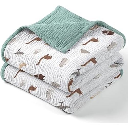 lulumoon Muslin Baby Blanket - Cotton Quilt Blankets for Toddlers - Reversible Nursery Crib Blanket for Baby Boys and Girls 47"x47"(Sage Dinosaur)