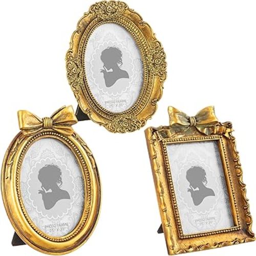 Vicenpal 3 Pcs Tiny Picture Ornate Frames Small Vintage Oval Picture Frames Gold Vintage Baroque Ornate Antique Resin Frame Table Top Display Frame for Home Wedding Decor(2.5 x 3.5 Inch,Brown)
