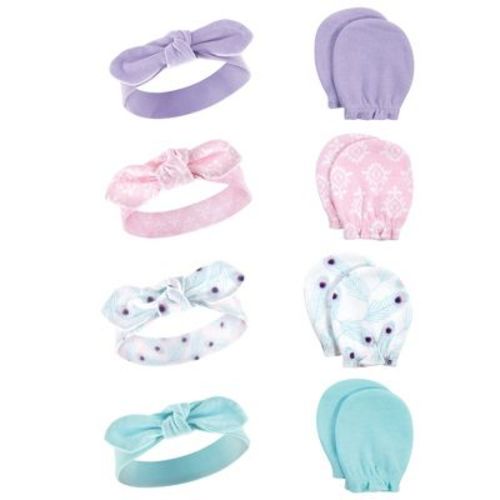 Hudson Baby Infant Girls Cotton Headband and Scratch Mitten Set, Peacock, 0-6 Months