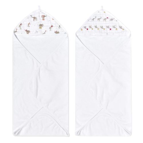 aden + anais Essentials Hooded Baby Bath Towel, Super Soft 100% Cotton, 2 Pack, Elephant Circus