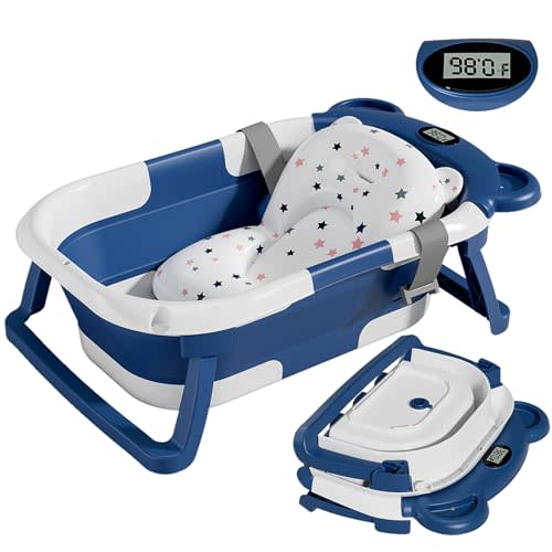 TPN Collapsible Baby Bathtub for Infants to Toddler with Real-time Temp Monitor+Floating Cushion,Foldable Baby Bath Tub Set Applicable 0-36 Month,Perfect Portable Travel Baby Tub for Newborns Boy