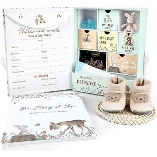 Baby Keepsake Box Baby Memory Book Woodland Animal Memory Organizer Box with 9 Labeled Compartments Gifts for Boy Girl First 5 Year Scrapbook Journal Photo Album Baby Shower for Mom Gifts
