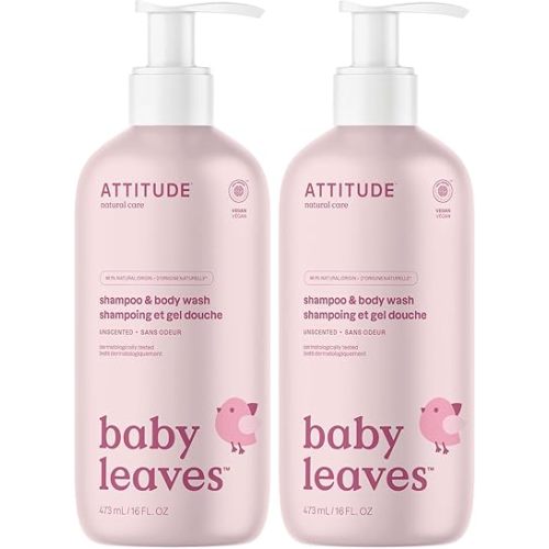ATTITUDE 2-in-1 Shampoo & Body Wash for Baby, Fragrance-Free EWG Hypoallergenic Plant- & Mineral-Based Ingredients, Vegan and Cruelty-Free, Unscented, 16 Fl Oz, (Pack of 2)