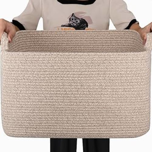 65L Large Storage Basket, Cotton Rope Woven Blanket Basket, Toy Storage for Baby Room, Living Room, Brown