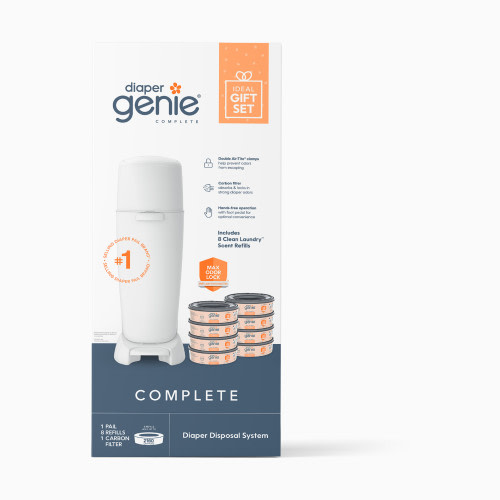 Diaper Genie Complete Diaper Pail Registry Gift Set with 8 Refill Bags - White, Clean Laundry