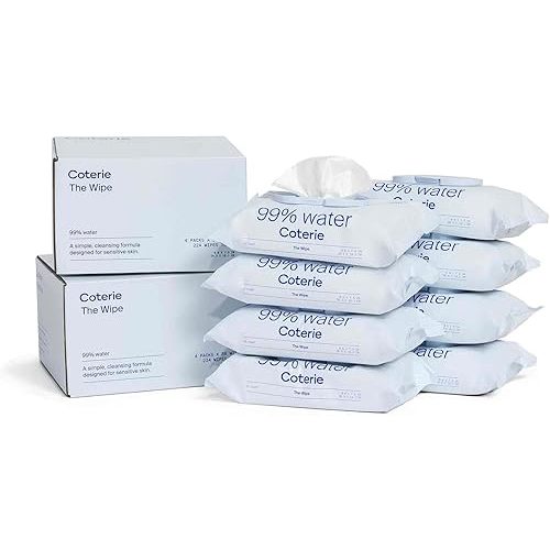 Coterie Baby Wipes for Sensitive Skin, Plant-Based and Plastic-Free Fibers, 99% Water, Hypoallergenic, pH Balanced, Unscented, Clean and Gentle Baby Essentials, 8 Pack, 448 Count