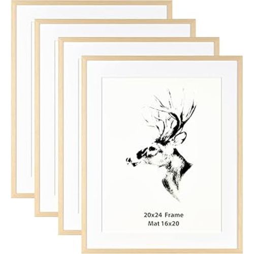 Yaetm 20x24 Picture Frame with Mat for 16x20 Set of 4, Solid Oak Wood Poster Frame 20 x 24 inches, Wall Gallery Photo Frames for Horizontal and Vertical Wall Mounted (4 pack, Oak)