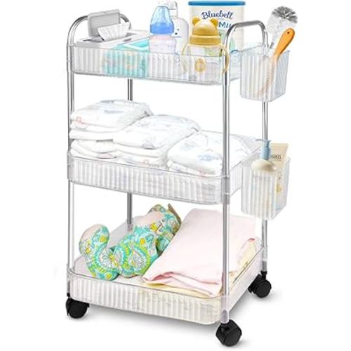 3-Tier Diaper Cart Organizer With Wheels Mit 2 Hanging Baskets, Baby Diaper Caddy Organizer, Newborn Baby Essentials Must Haves, Bedside Cart, Baby Cart For Crib, Changing Table, Nursery, Bathroom