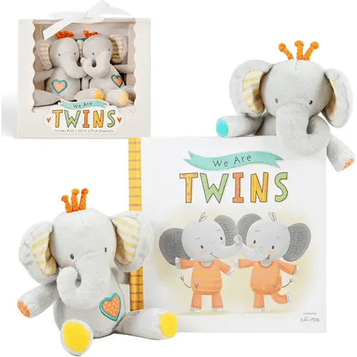 Tickle & Main We are Twins, Baby and Toddler Twin Gift Set, Keepsake Book and Set of 2 Plush Elephant Rattles for Boys and Girls