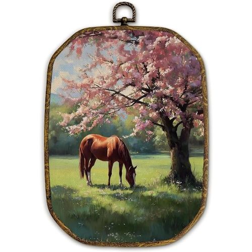 Yjeslw Vintage Spring Horse Octagon Wall Art Decor, Rustic Farmhouse Framed Canvas Prints, Cottagecore Horse Grazing under Flowering Tree Wall Hanging Decorations for Home Bedroom Decor, 10.2x7 Inches