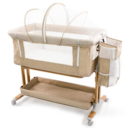 Bassinet Bedside Sleeper for Baby 6 Months, Convertible Cosleeping Baby Bed Attach to Bed with Wheels, Mattress, Storage Diaper Caddy, 6 Adjustable Height, Breathable Mesh Drop Down Side, Gold