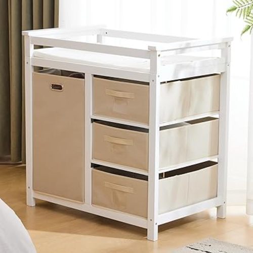 Karl home Modern Baby Changing Table,Dresser Baby Diaper Changing Station with Laundry Hamper,Infant Nursing Table with 3 Storage Drawers,Removable Safety Rail & Strap for Bedroom,Nursery,White