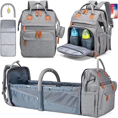KABAQOO Diaper Bag Backpack, Large Baby Diaper Bags for Boys Girls, Baby Bag with USB Charging Port, Multifunction Waterproof Travel Back Pack for Moms Dads, Grey