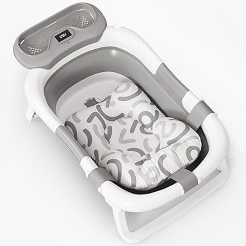 Baby Bathtub, Collapsible Bath Tub for Newborns to Toddlers with Water Temperature Sensor and Storage Tray, 2025 Upgraded Version (Gray)