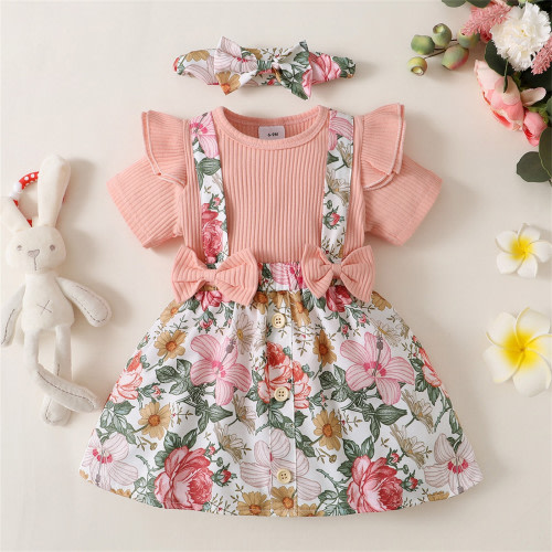 Hunpta Newborn Girl Clothes Infant Romper Floral Suspender Dress Ruffle Sleeve Outfit Jumpsuit Headband Set 0-18M
