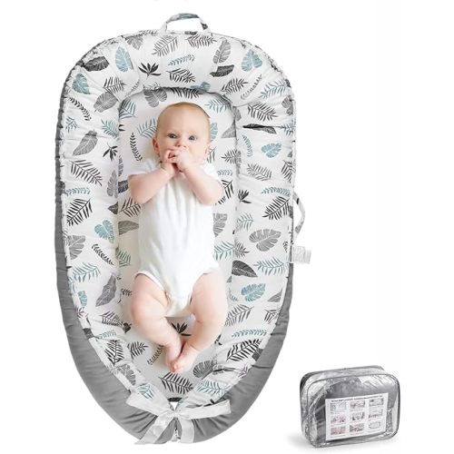 Baby Lounger- Baby Lounger for Newborn 0-24 Months, Portable Infant Lounger, Co Sleeping Soft Baby Nest, 100% Cotton Breathable, Baby Floor Seat for Home & Travel - Grey Leaves
