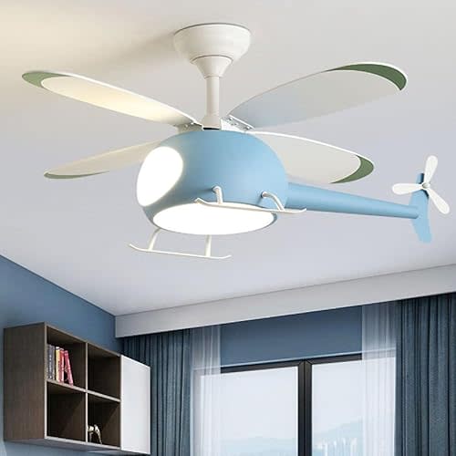 42 inch Children's Bedroom Helicopter Model Ceiling Fan with Lights,Remote Control Speed,6-Speed Adjustment,Control Timing,Winter& Summer Positive & Negative, Blue
