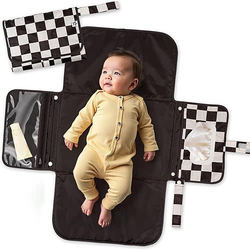 Tiny Twinkle Portable Diaper Changing Pad-Foldable Waterproof Changing Mat&Portable Changing Pad for Travel,Baby Changing Station with Smart Wipes Pocket&Storage (Black Checkers)