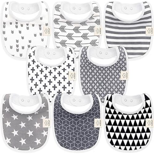 8-Pack Organic Baby Bibs for Boys, Girls - Soft Cotton Drooling and Teething Baby Bibs, Baby Girl Bibs, Baby Boy Bibs, Baby Drool Bibs for Baby Girl, Boy, Newborn Infant Bibs (Grayscale)