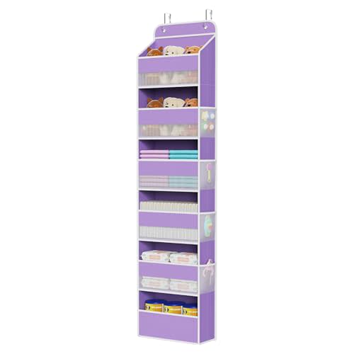 Univivi Over The Door Hanging Organizer with 6 Large Compartments and Mesh Windows, Over The Door Baby Clothes Organizer for Cosmetics, Baby Essentials and Diapers (Purple)