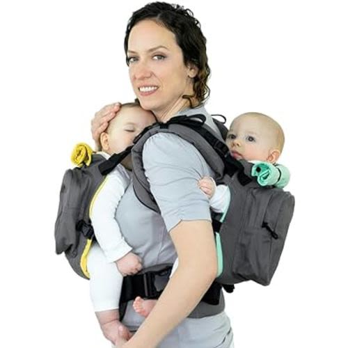 TwinGo Carrier Original Model (Grey, Green & Yellow) - Fully Adjustable Twin Baby Carrier and Separates into 2 Single Carriers for Men, Woman, Twins and Babies 10-45 lbs, Size XS-XXL